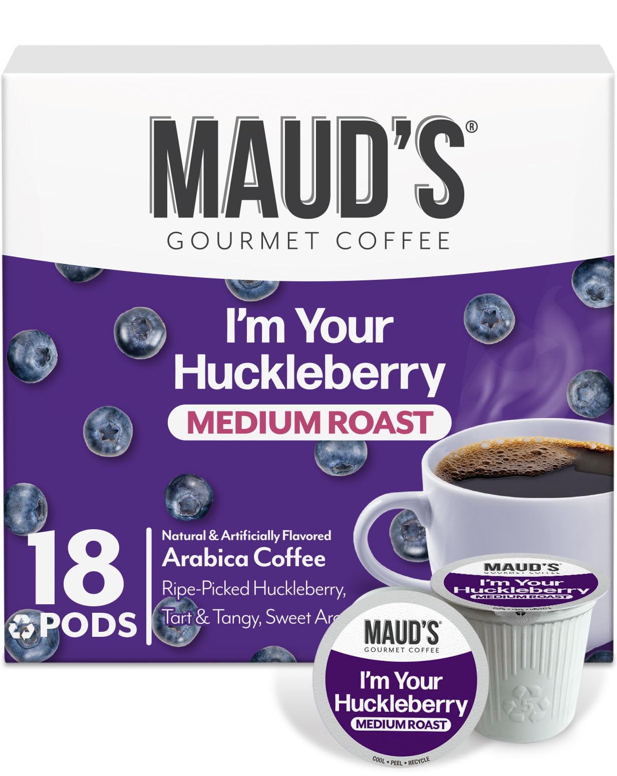 Maud's Huckleberry coffee pods delivering smooth, fruity flavor in a convenient single-serve cup.