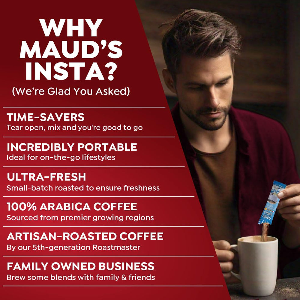 Maud's instant coffee packets – suitable for hot or iced coffee at home.