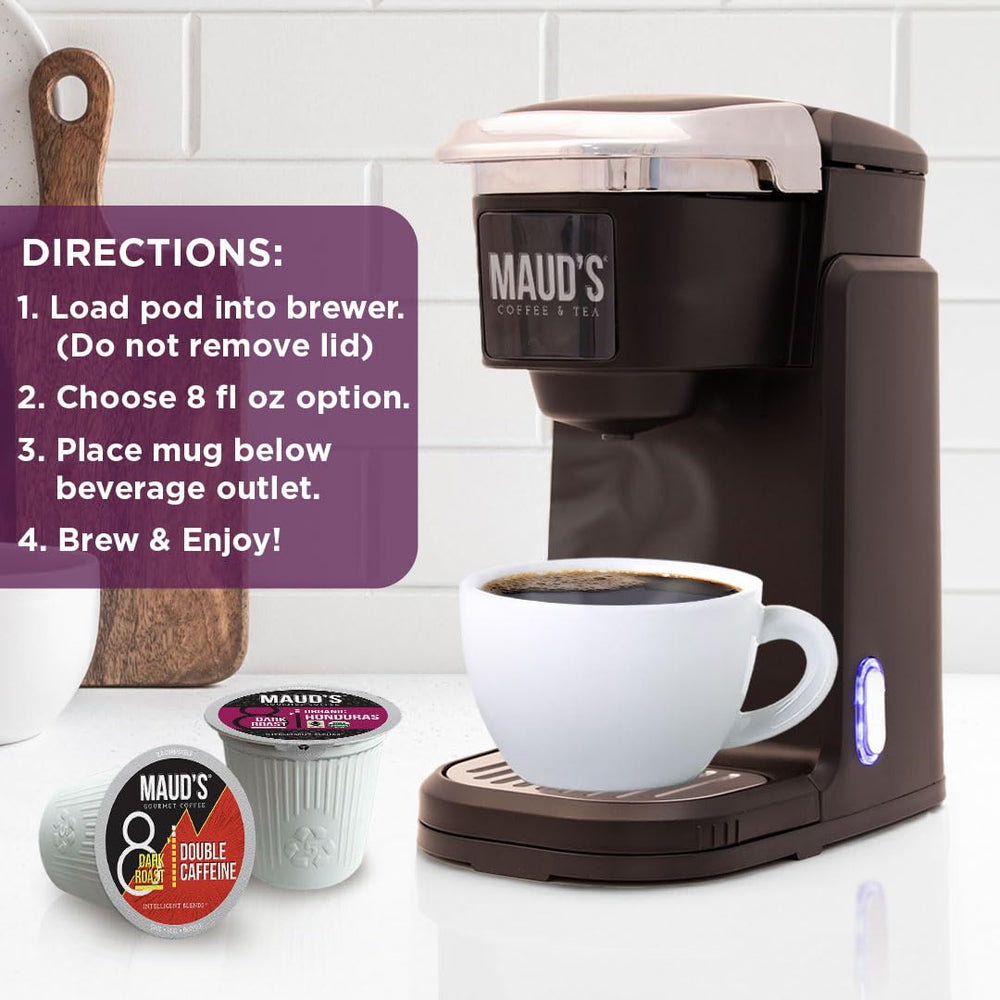 Maud's Keurig-compatible pods demonstrate quick, mess-free brewing at home.