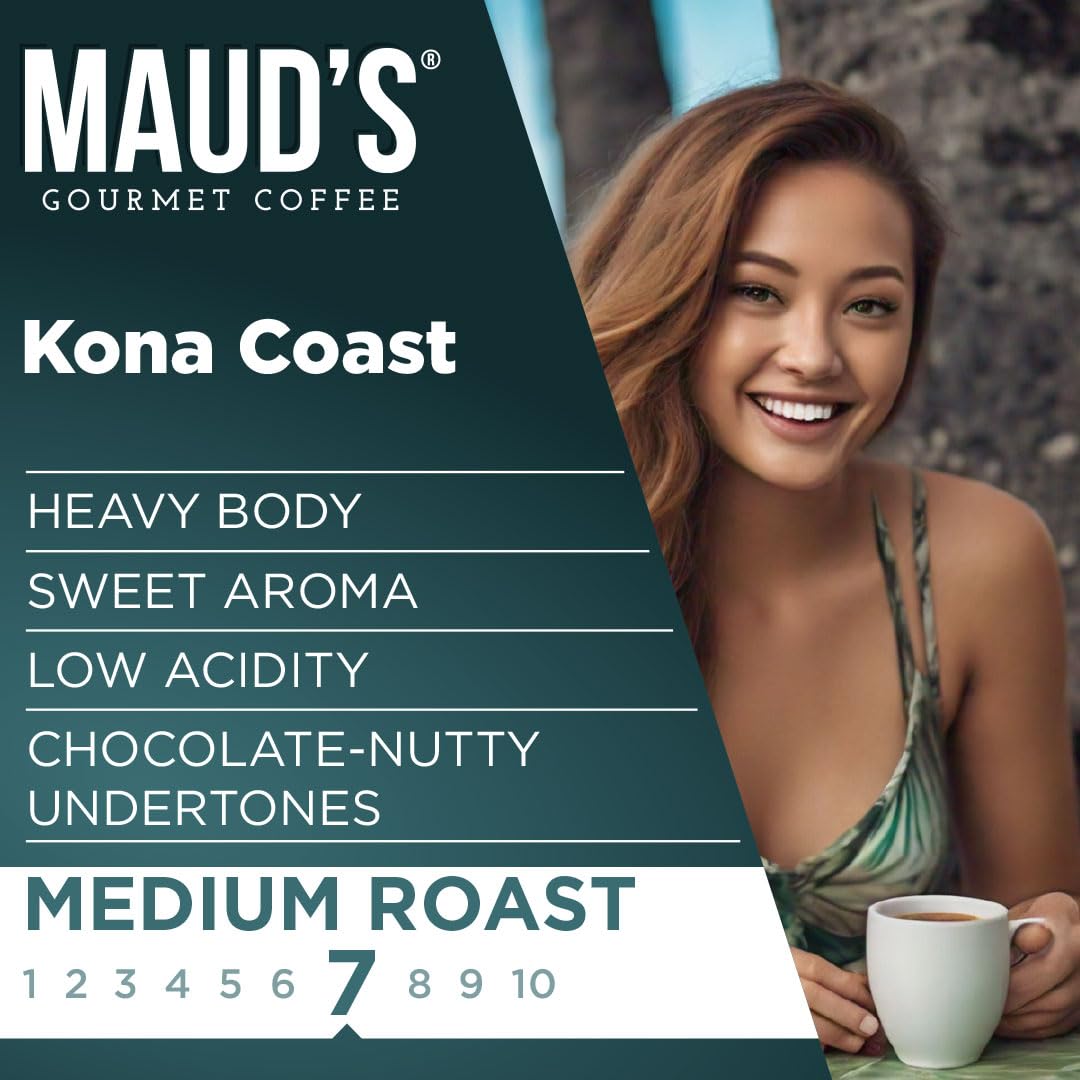 Maud's Kona coffee beans medium roast with rich aroma and color