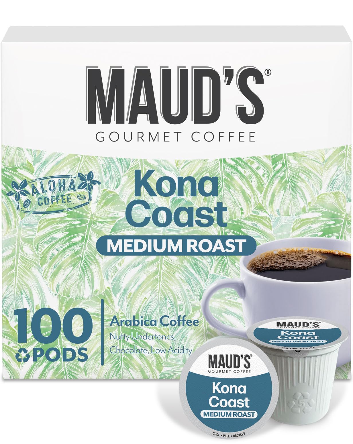 Maud's Kona Coffee Pods 100ct box ready for home brewing, offering convenient single-serve convenience.