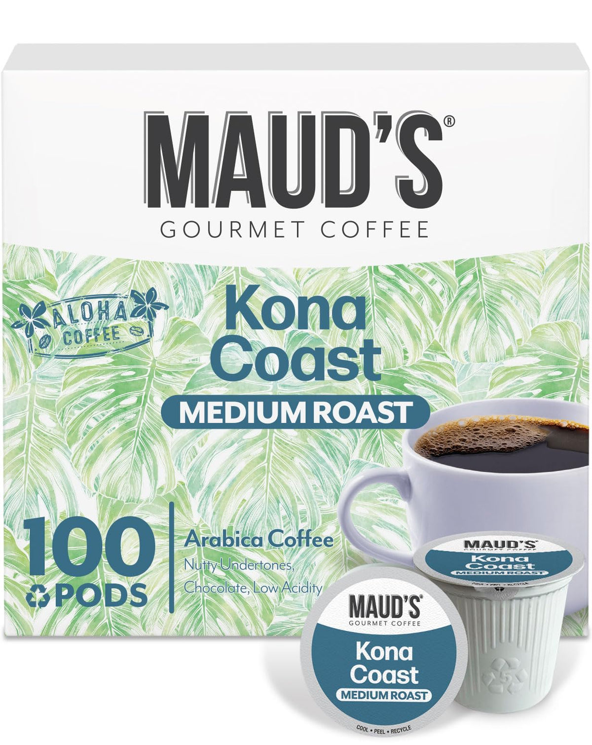 Maud's Kona Coffee Pods 100ct box ready for home brewing, offering convenient single-serve convenience.