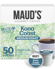 Maud's Kona pods in box ready for Keurig, convenient medium roast at home.