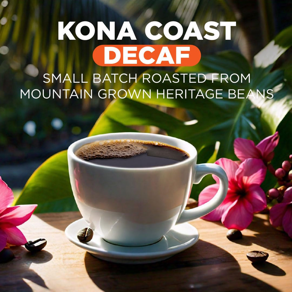 Maud's Kona decaf coffee pods brewing in a Keurig-style machine.