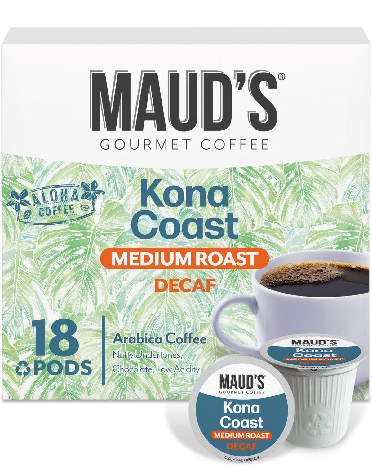 Maud's Kona decaf pods packaging showcases sustainability and convenience.