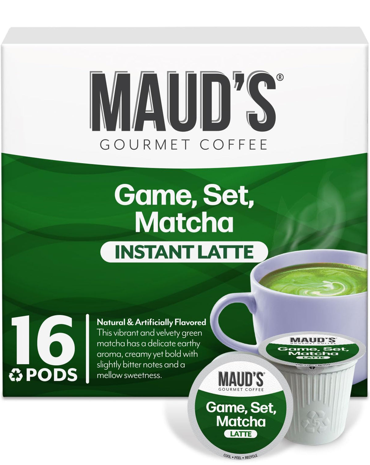 Maud's Matcha Latte Pod packaging closeup highlighting premium, sustainably sourced ingredients.