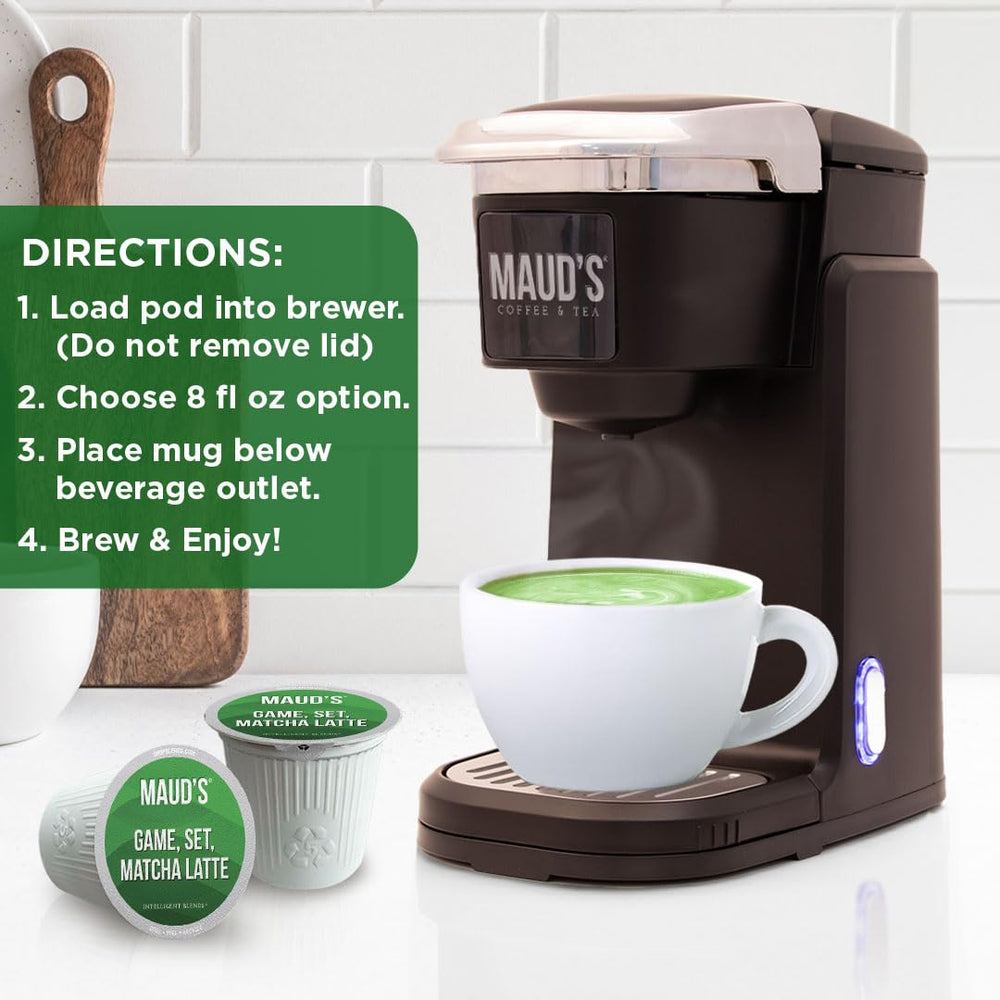 Maud's Matcha Latte Pod stacked pack display communicates value and accessibility.