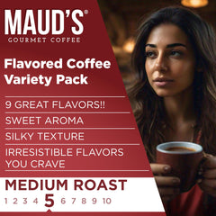 Close-up of Maud's medium roast 100% Arabica beans, rich aroma.