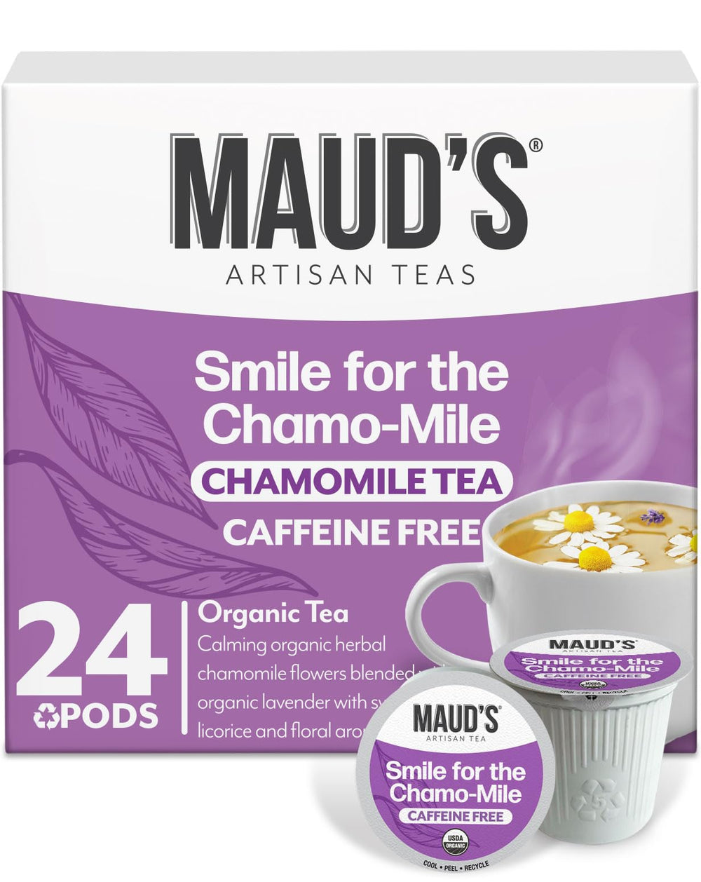 Maud's Organic Chamomile Lavender tea pods box on a countertop, ready for a calm evening.