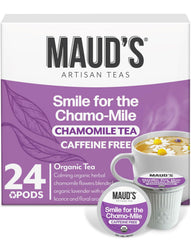 Maud's Organic Chamomile Lavender tea pods box on a countertop, ready for a calm evening.