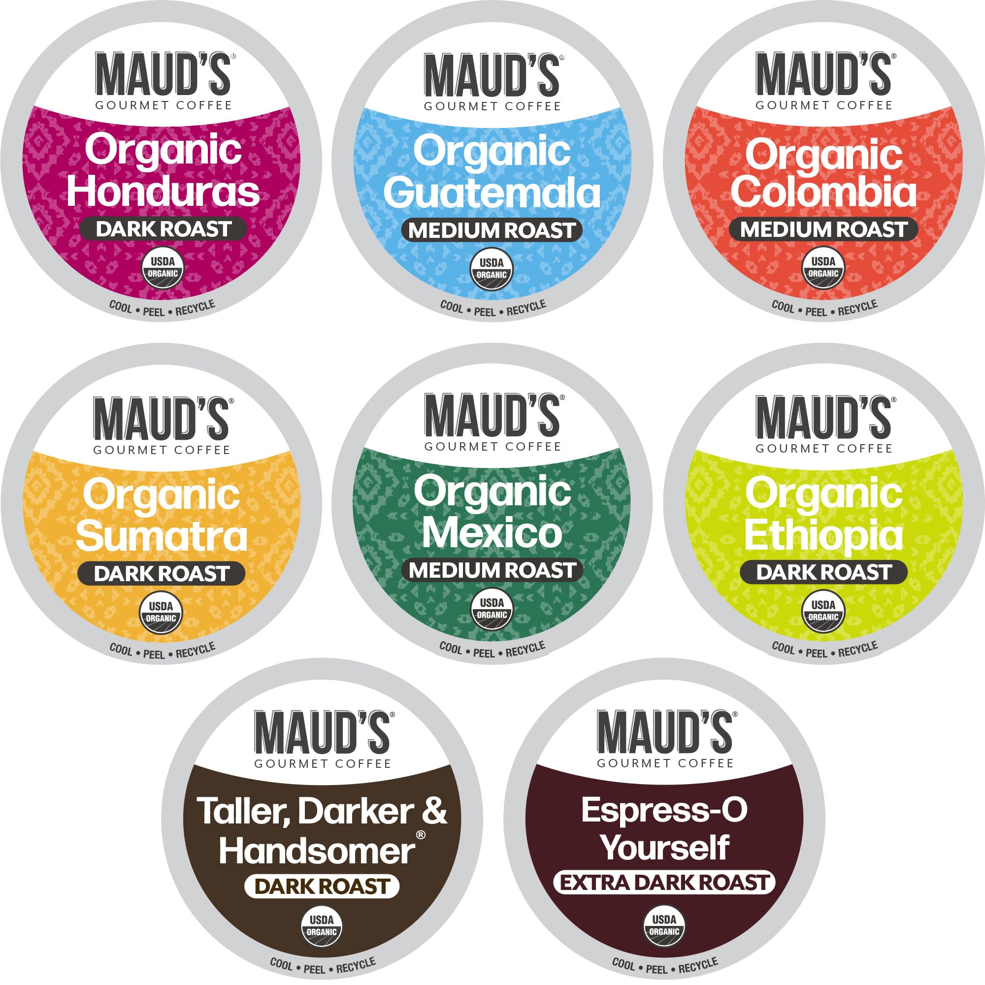 MAUD'S Organic Coffee Pods Variety Pack, eight flavors, versatile morning ritual.