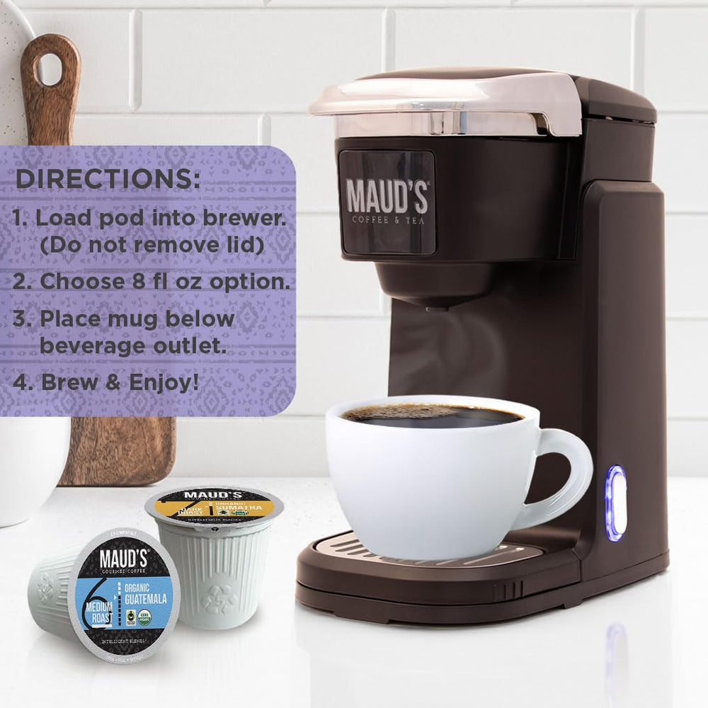 MAUD'S Organic Espresso pods provide bold, spiced espresso in every cup.