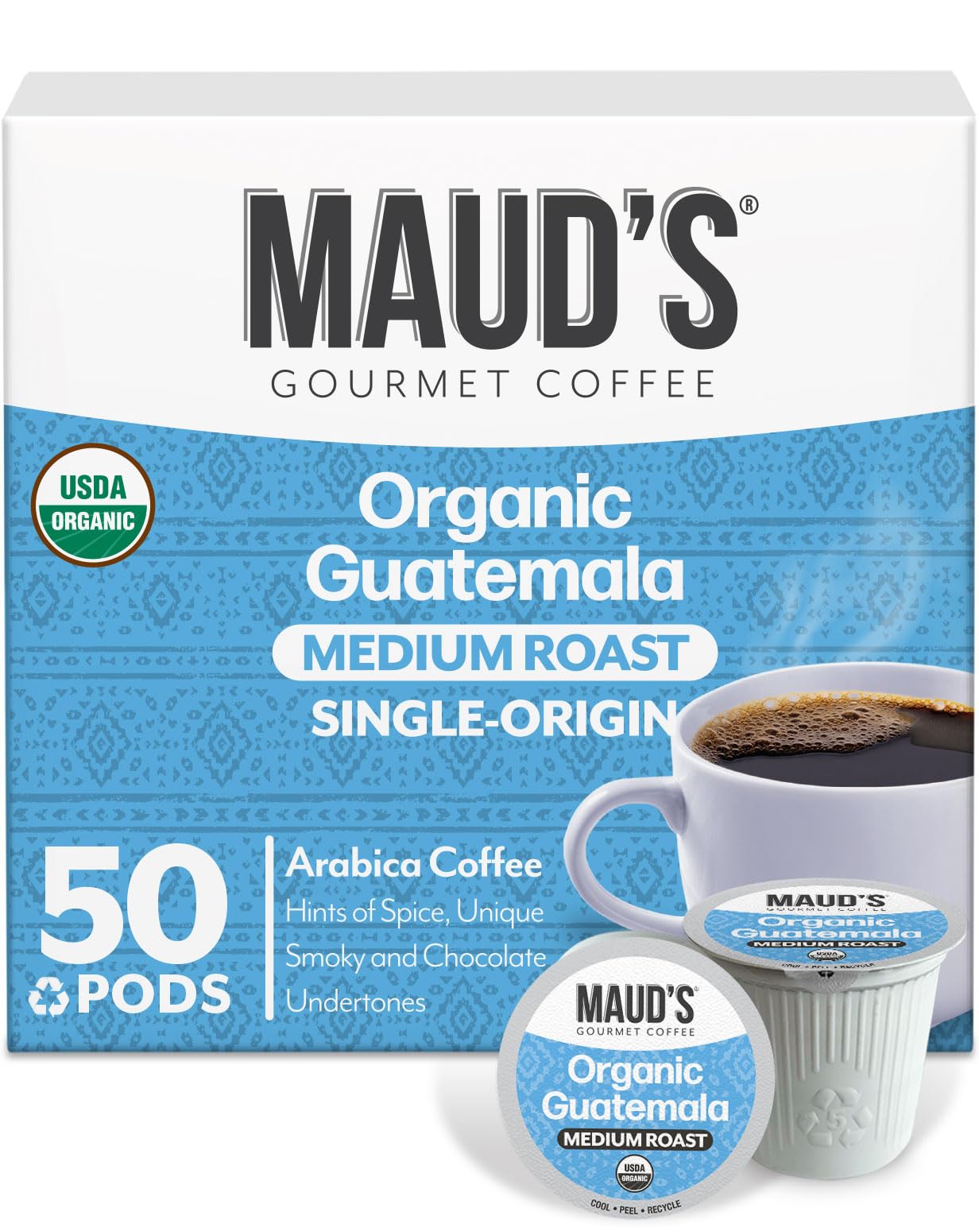 Maud's Organic Guatemalan Coffee Pods pack shot emphasizing convenience.