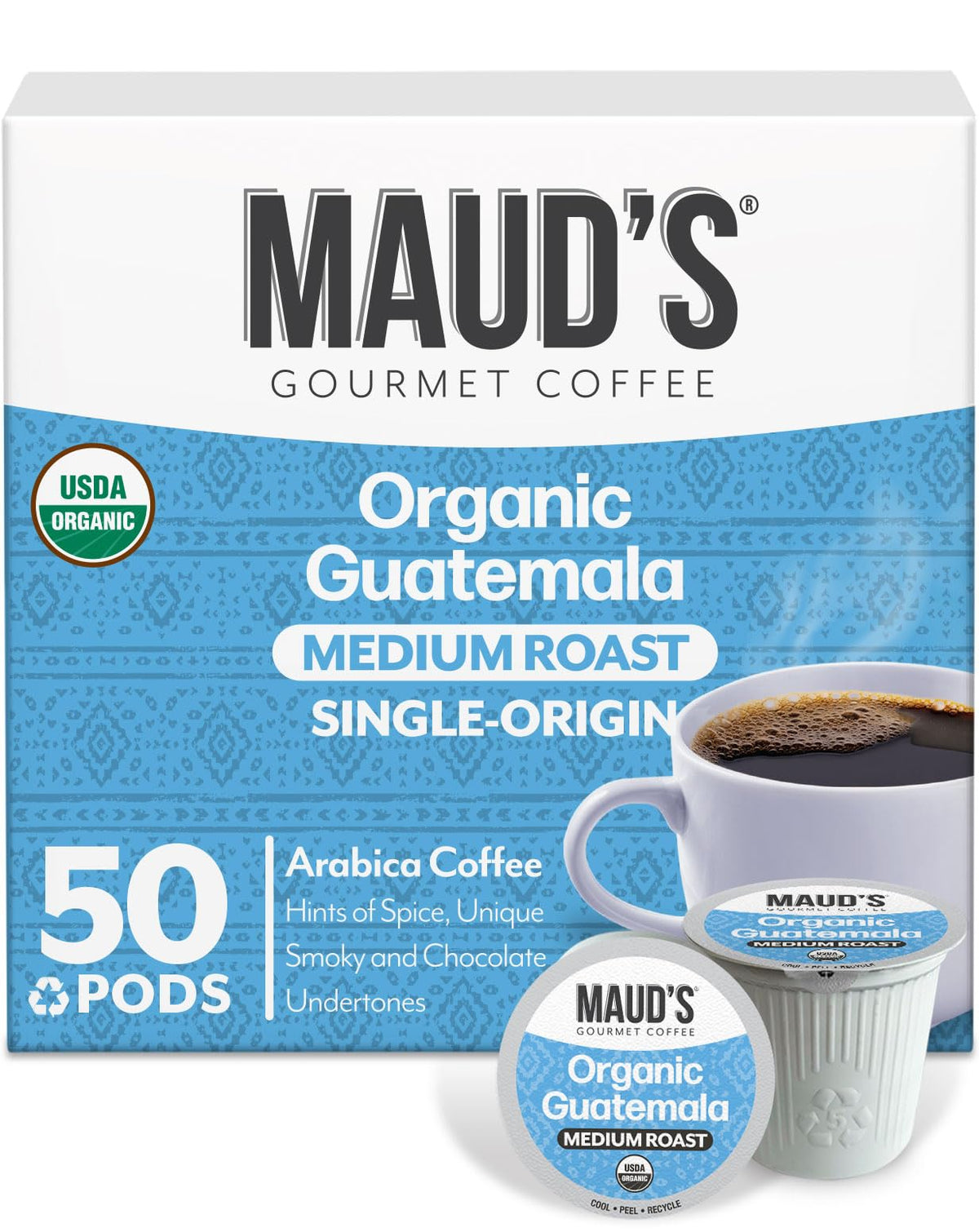 Maud's Organic Guatemalan Coffee Pods pack shot emphasizing convenience.