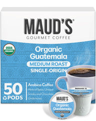 Maud's Organic Guatemalan Coffee Pods pack shot emphasizing convenience.