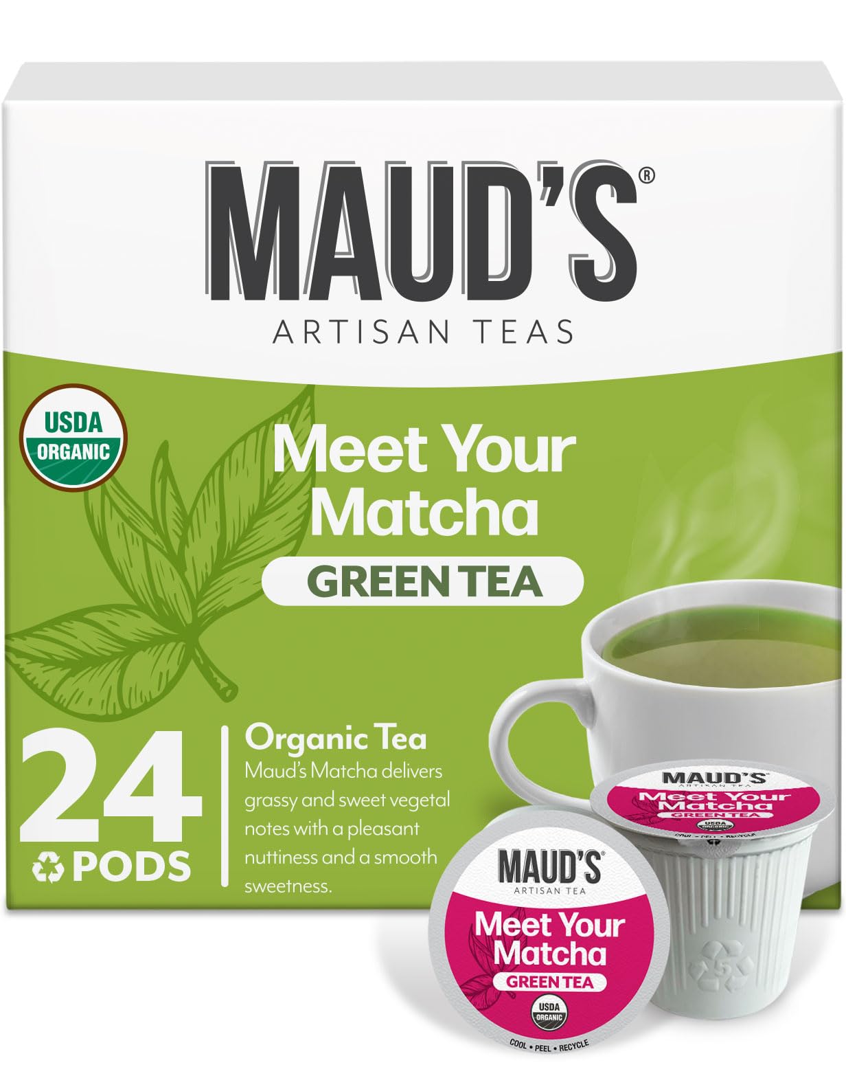 Maud's organic matcha pods in a Keurig-compatible pack for quick breakfasts.