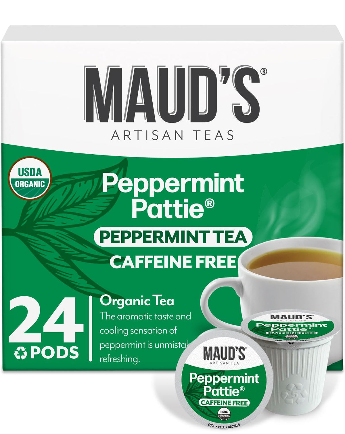 Maud's Organic Peppermint Tea Pods packaging on display, convenient single-serve brewing