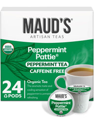 Maud's Organic Peppermint Tea Pods packaging on display, convenient single-serve brewing
