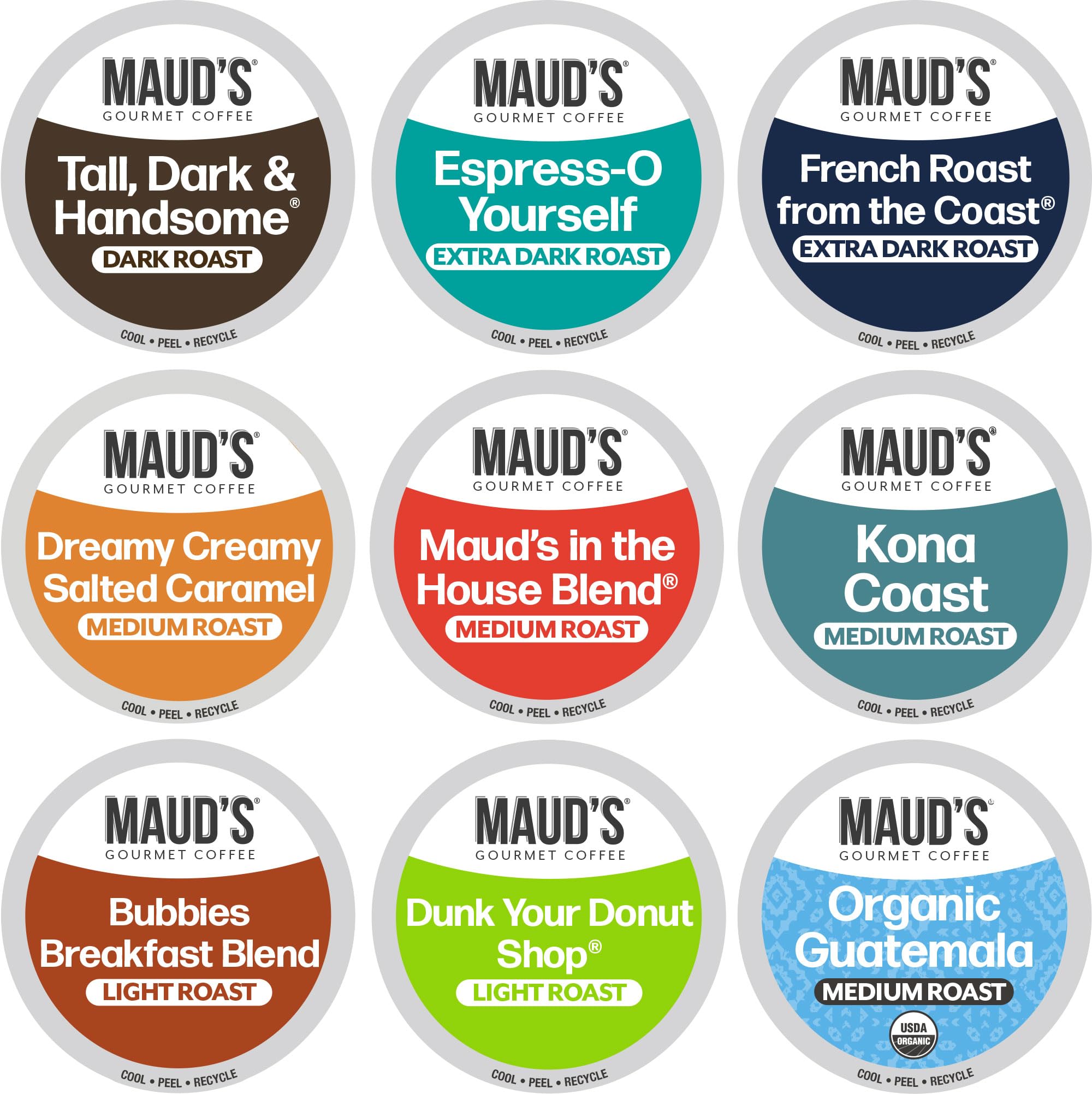 Maud's Original coffee pods variety pack box showing nine flavors for home tasting
