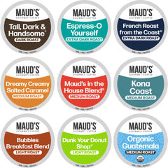 Maud's Original coffee pods variety pack box showing nine flavors for home tasting