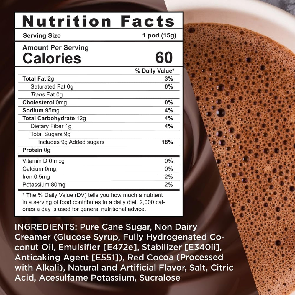 Original Loco Hot Cocoa pod close-up on a cup for rich, dairy-free flavor.