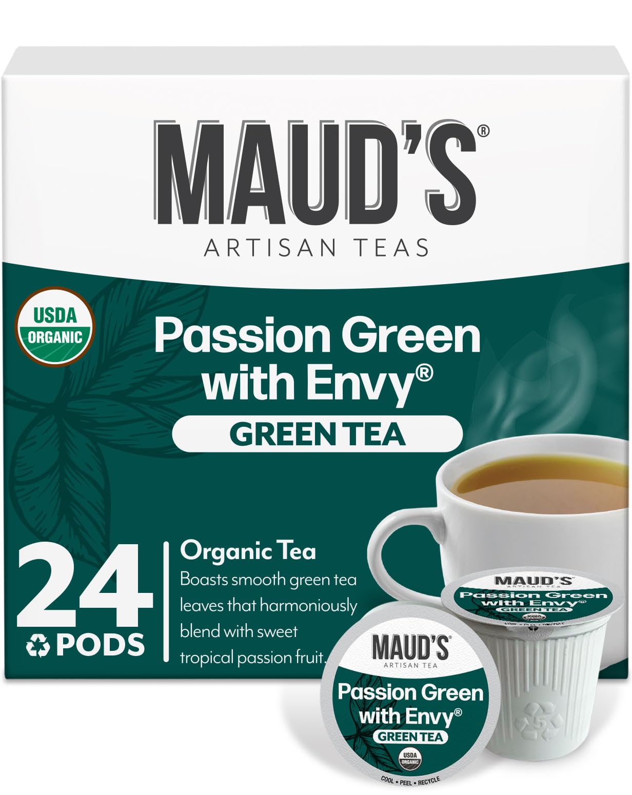 Maud's Passion Green Tea Pods 24-pack ready for home brews.