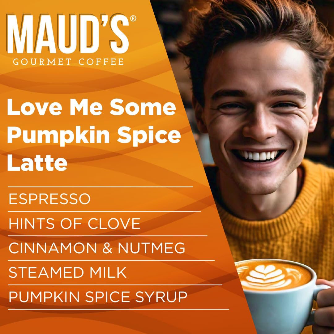 Maud's pumpkin spice latte pod in a Keurig brewer for quick single-serve convenience