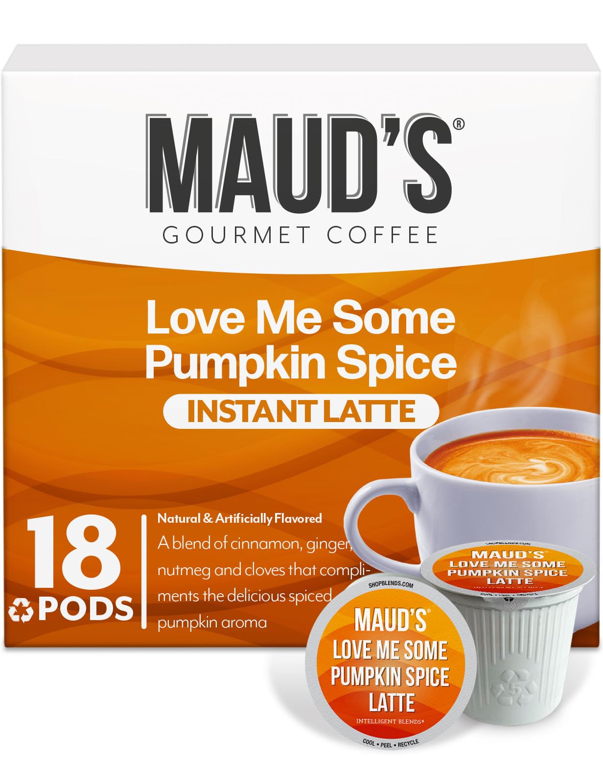 Maud's pumpkin spice latte pods box on a kitchen counter for cozy mornings