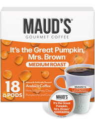 Maud's Pumpkin Spice pods packaging highlights flavor and sustainability.