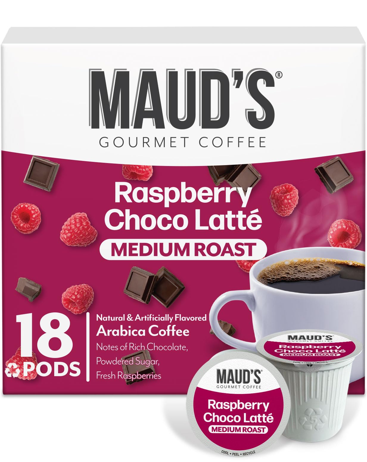 Maud's raspberry-chocolate-flavored-coffee-pod offers a rich morning aroma and smooth taste.