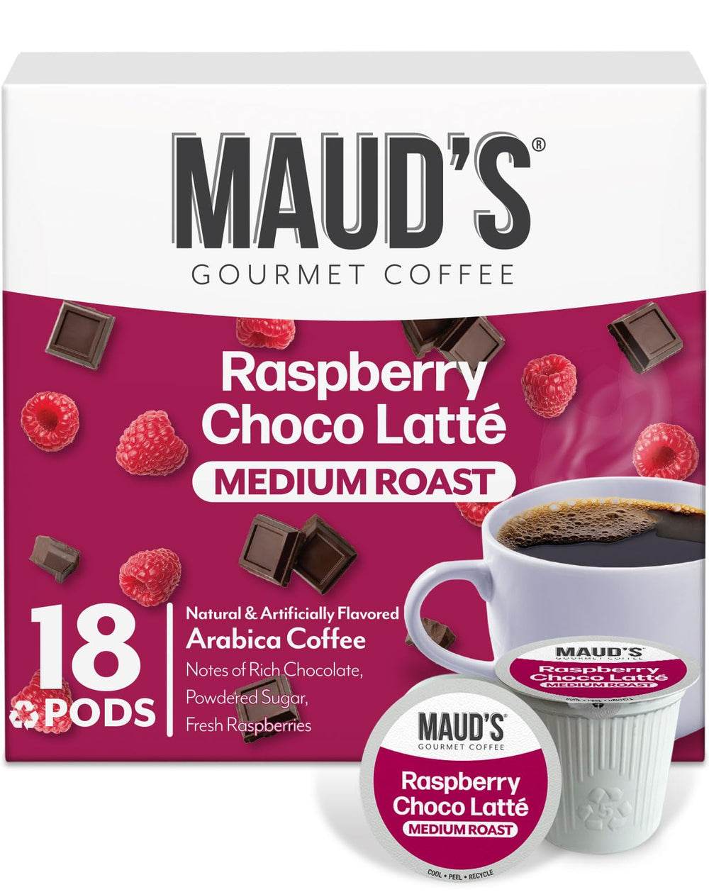Maud's raspberry-chocolate-flavored-coffee-pod offers a rich morning aroma and smooth taste.