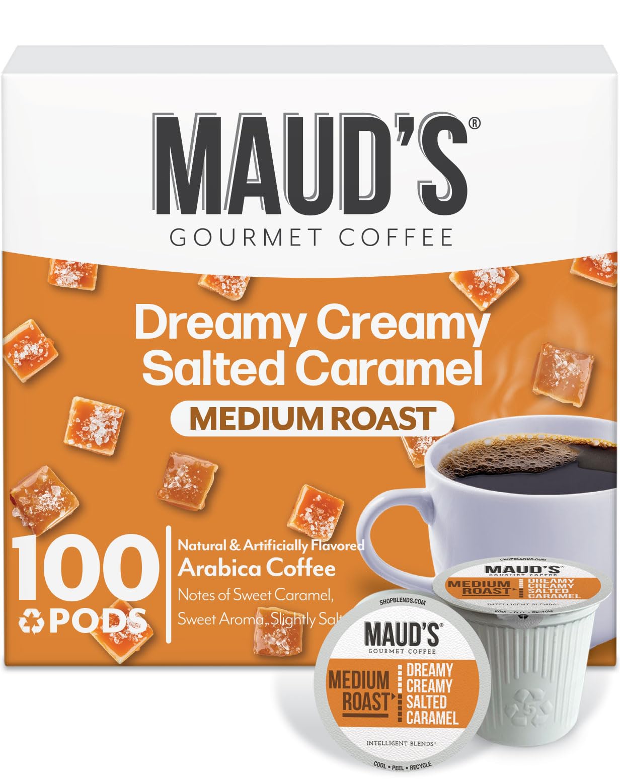 Maud's Salted Caramel pods pack offers rich aroma and convenient single-serve mornings.