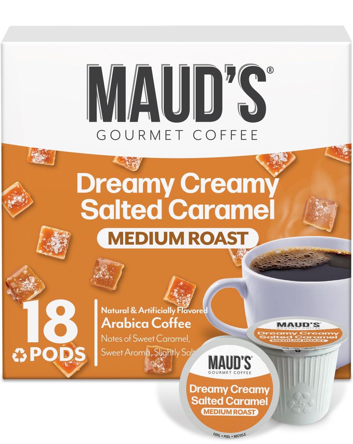 Maud's salted caramel coffee pods packshot showing convenient single-serve format