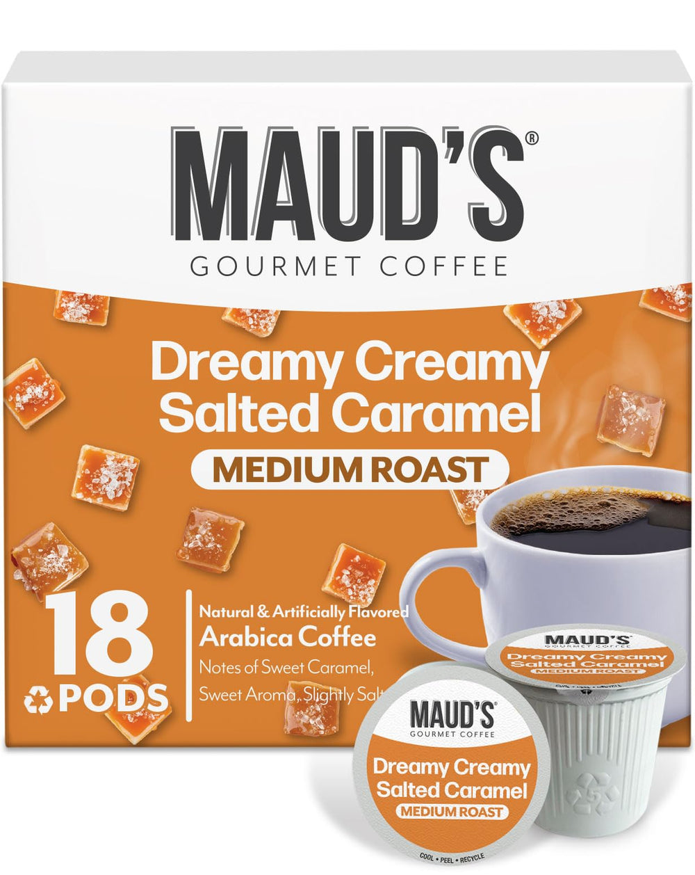 Maud's salted caramel coffee pods packshot showing convenient single-serve format