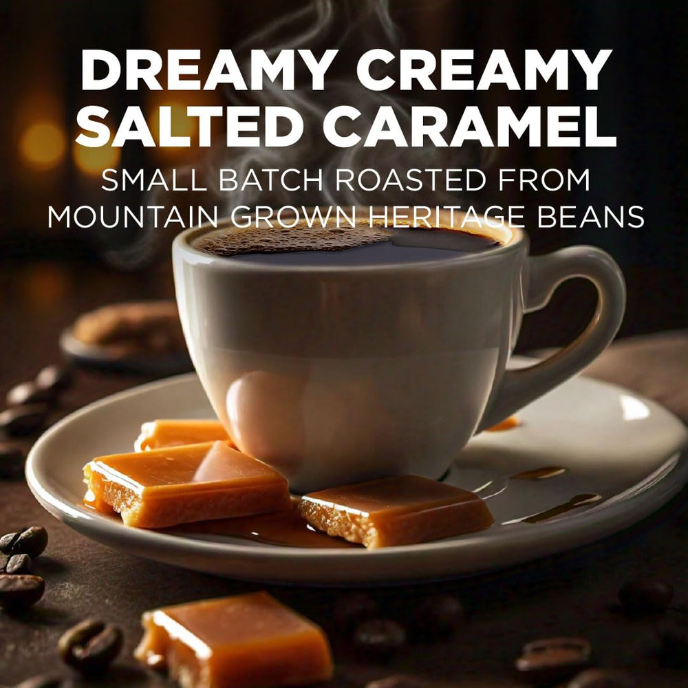 Maud's Salted Caramel hot coffee in a mug with rich aroma and smooth finish