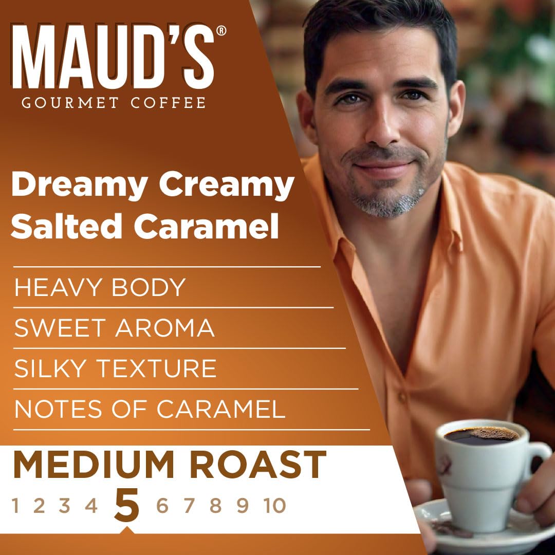 Maud's Salted Caramel iced coffee in a glass, refreshing and convenient