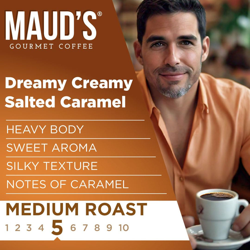 Maud's Salted Caramel iced coffee in a glass, refreshing and convenient