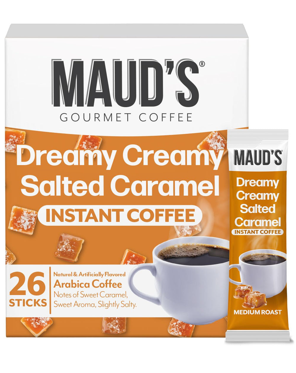 Maud's Salted Caramel instant coffee package front view for a quick morning pick-me-up