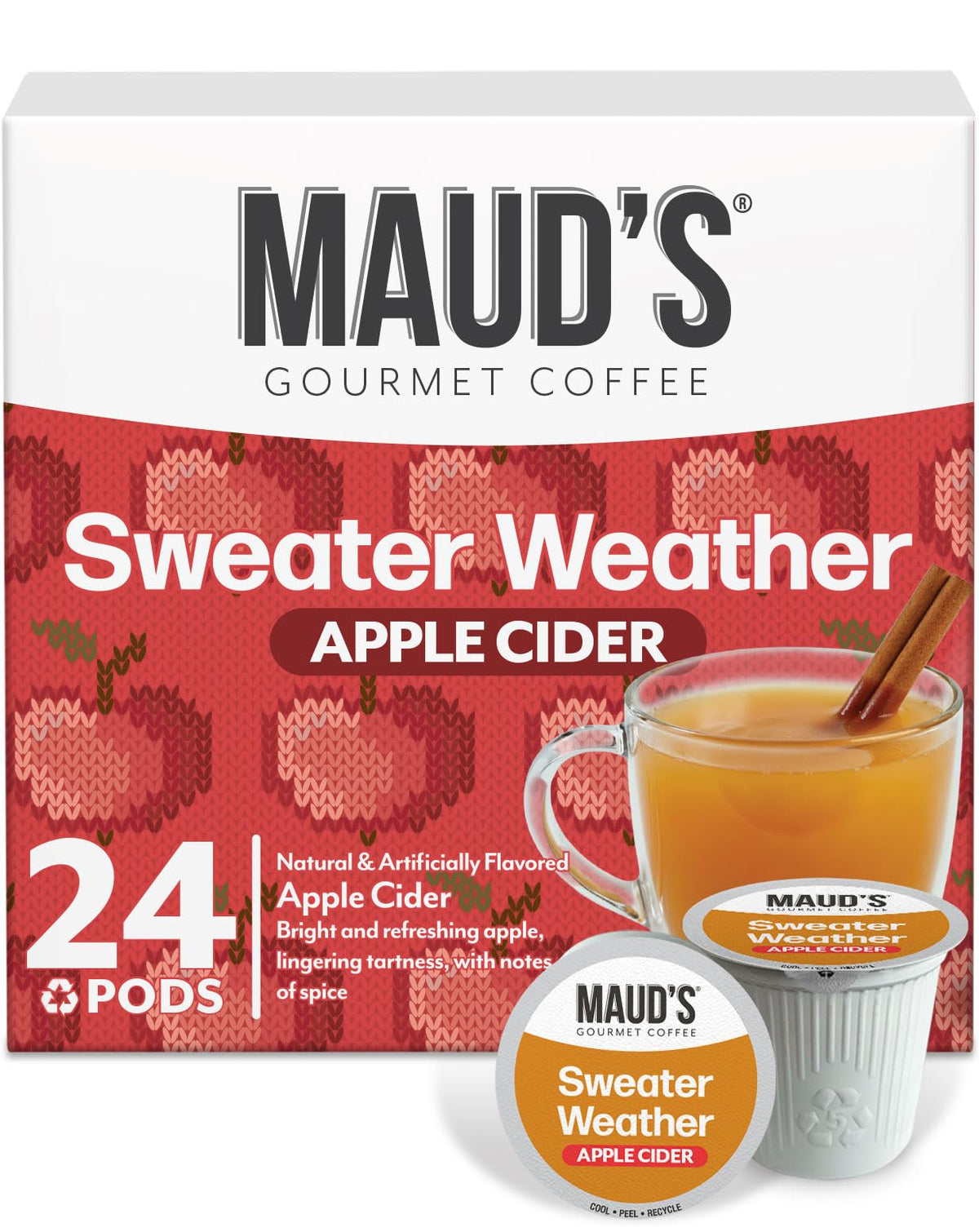 Maud's Sweater Weather pods in a 24-count pack for cozy, cafe-style cider at home.
