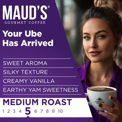 Maud's Vanilla Ube cup steams with inviting aroma for a satisfying morning ritual.