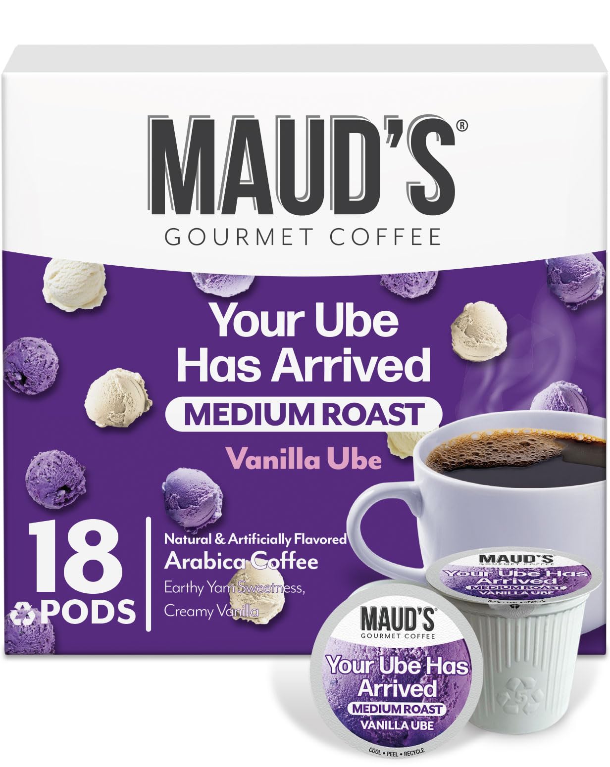Maud's Vanilla Ube coffee pod pack showcases the product for your morning routine.