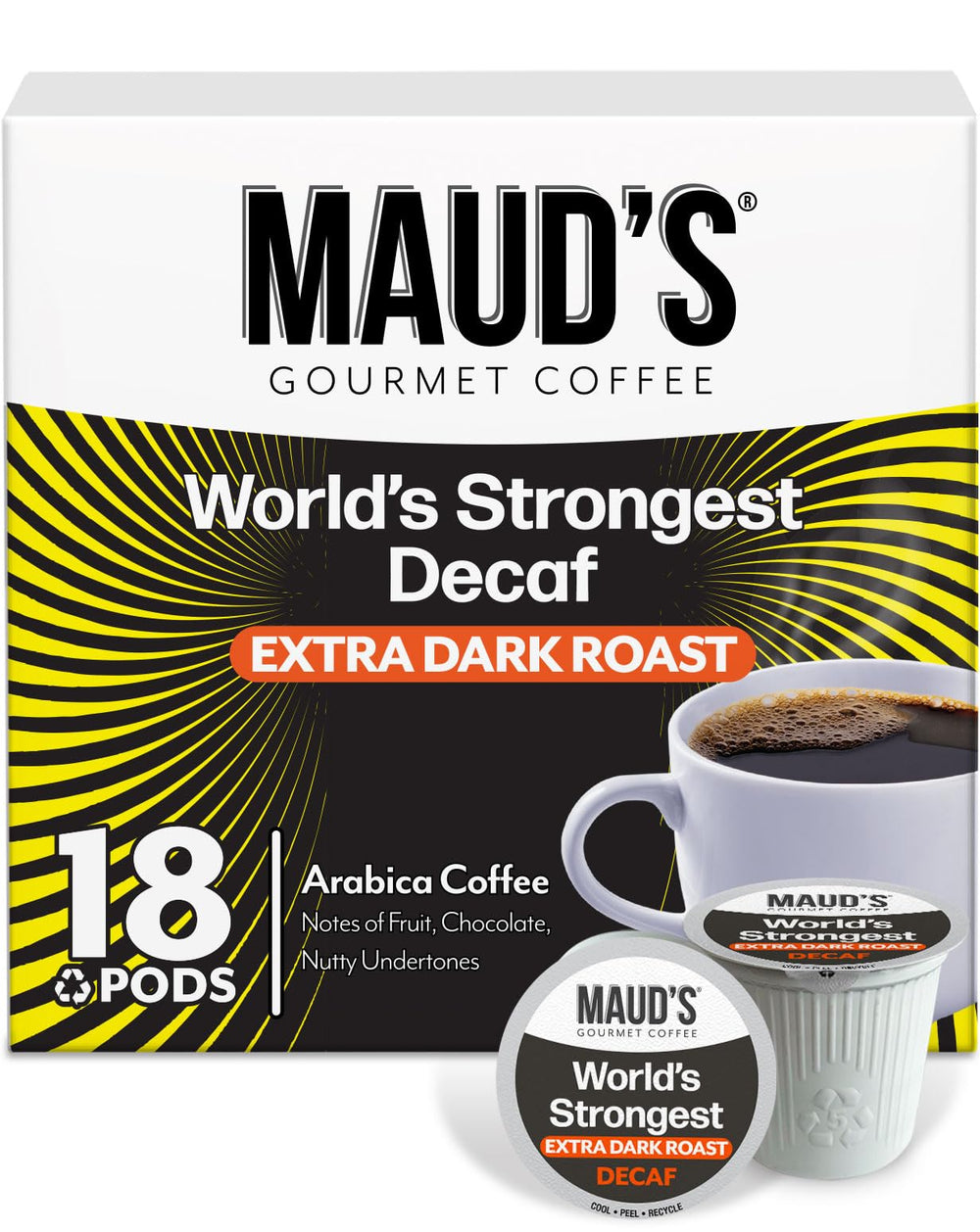Maud's World's Strongest Decaf coffee pods deliver bold decaf flavor in a convenient single-serve format.