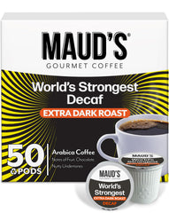 Maud's World's Strongest Decaf pods packaging highlights sustainability.