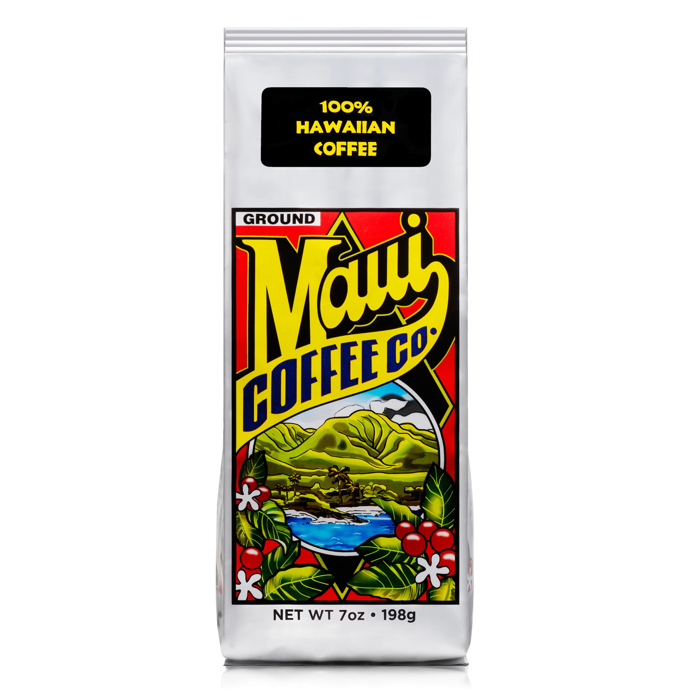 Maui Coffee Co. ground bag showing 100% Hawaiian beans for a bright cup