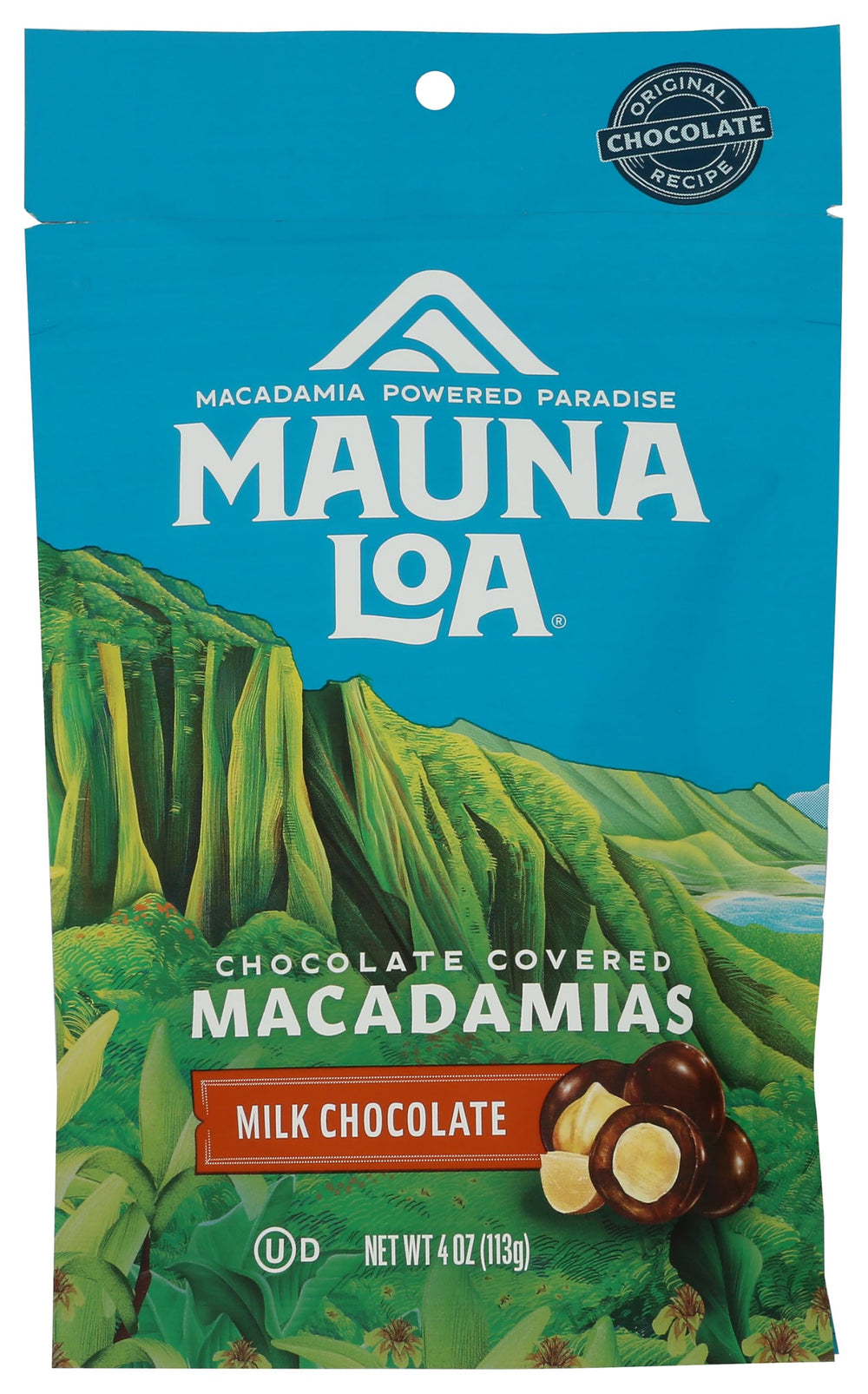 Mauna Loa milk chocolate macadamias front package, premium snack in a 4 oz bag
