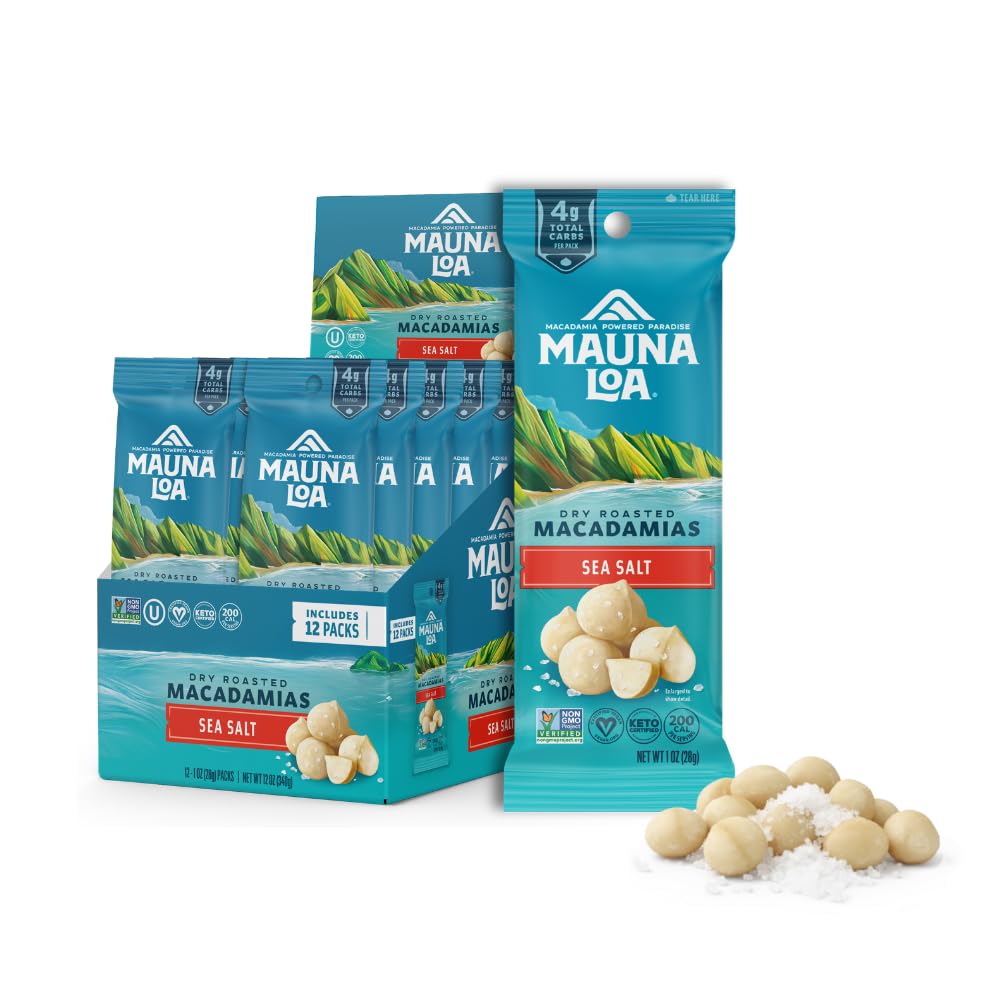 Mauna Loa sea salt roasted macadamias in a 1oz pouch, crunchy close-up.