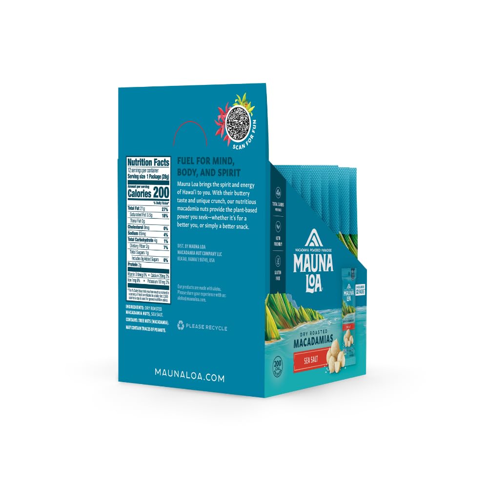 Single-serve Mauna Loa macadamias, on-the-go keto-friendly snack.