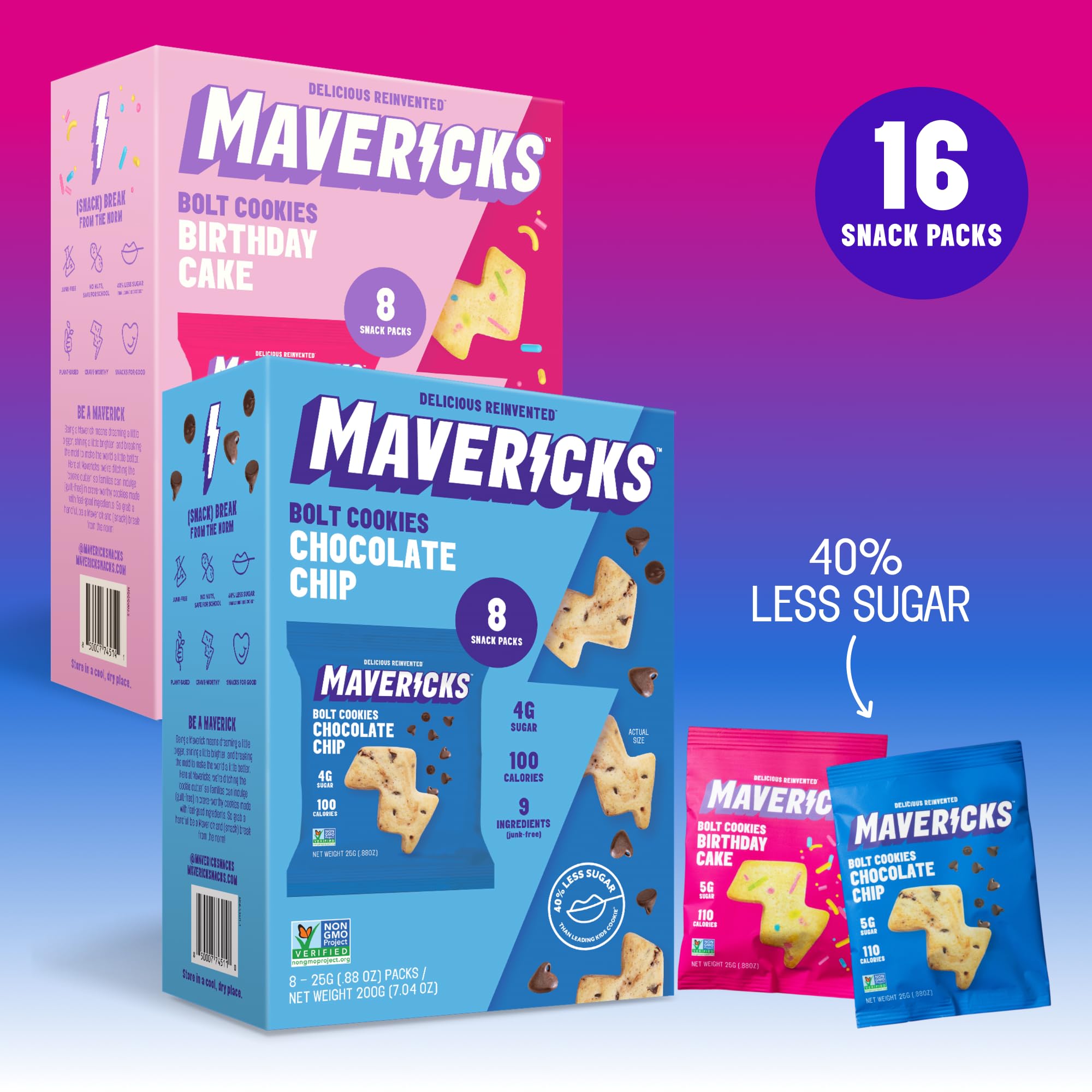 MAVERICKS Bolt Cookies family snack time, shareable low-calorie treats.