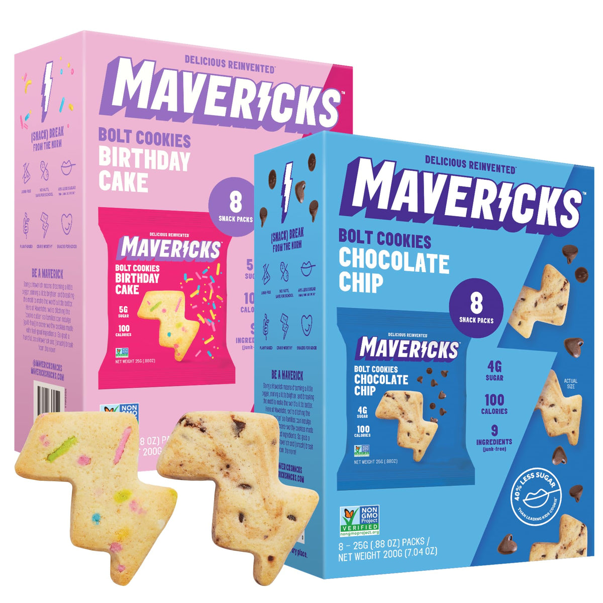 MAVERICKS Bolt Cookies variety pack packshot, ideal for healthy family snacks.