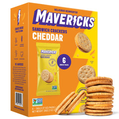 MAVERICKS cheddar crackers front view show crisp texture for quick on-the-go snacking.